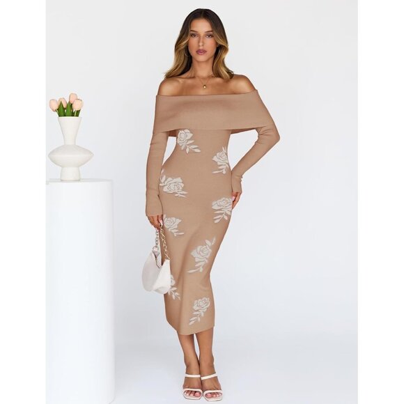 Merokeety Women's Khakiwhite Off Shoulder Long Sleeve Elegant Bodycon Midi Dress - Picture 2 of 9